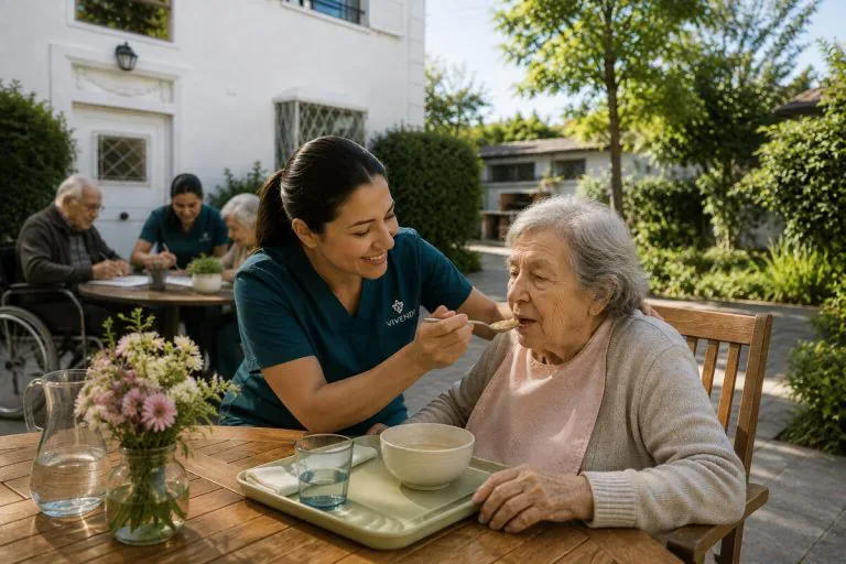Una cuidadora ayuda a una mujer mayor durante una comida.